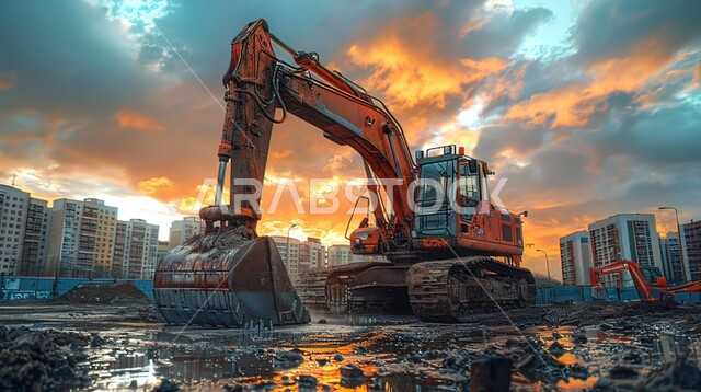 استخدام الرافعات والسقالات في مواقع البناء، آلات ومعدات ثقيلة، جرافة تعمل على رفع وتعبئة مخلفات البناء من تراب وأحجار, آليات تقوم بالحفر في موقع العمل, الهندسة الانشائية والعمل في المجال المعماري بالسعودية