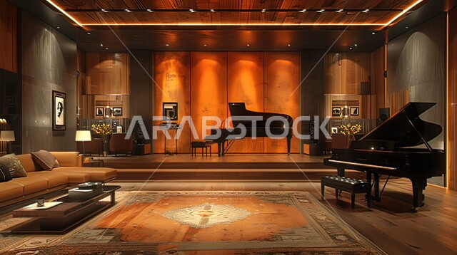 التصميم الداخلي الراقي لغرفة جلوس, الديكورات الداخلية الكلاسيكية لصالة تحوي على العديد من الآلات الموسيقية, الاهتمام بالموسيقى والفنون في المملكة العربية السعودية