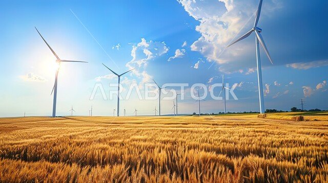 مفهوم استخدام الطاقات المتجددة صديقة البيئة، حقول توربينات الرياح وطواحين الهواء وسط الأراضي والمساحات الزراعية الواسعة, التنمية المستدامة بالطاقة البديلة في المملكة العربية السعودية
