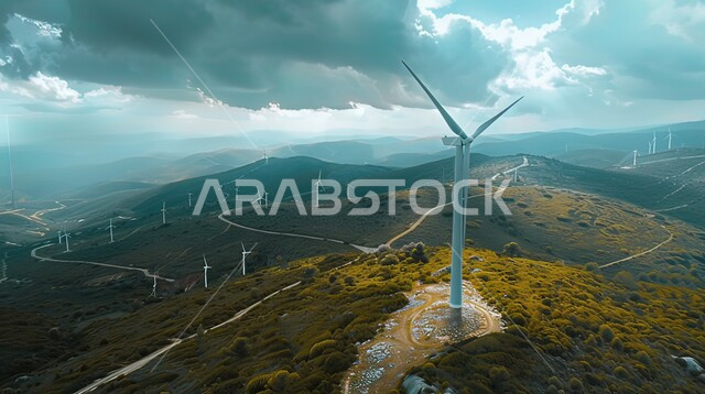 حقول توربينات الرياح وطواحين الهواء وسط الأراضي والمساحات الزراعية الواسعة, مفهوم استخدام الطاقات المتجددة صديقة البيئة، التنمية المستدامة بالطاقة البديلة في المملكة العربية السعودية