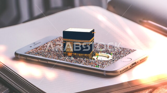 قبلة الاسلام والمسلمين، رسوم توضيحية لمجسم ثلاثي الأبعاد للكعبة المشرفة تخرج من الهاتف المحمول, تجمع الحجاج والمعتمرين حول بيت الله الحرام من أجل الطواف, مقاصد دينية مشرفة،خلفيات اسلامية ثري دي