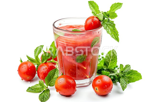 جودة المحاصيل الزراعية السعودية, عصائر ومشروبات باردة ومنعشة, ثمار ومنتجات محلية وطنية, كأس من عصير الطماطم الطازج المزين بأوراق النعناع الخضراء, فاكهة وخضروات موسمية مقطوفة من مزارع المملكة