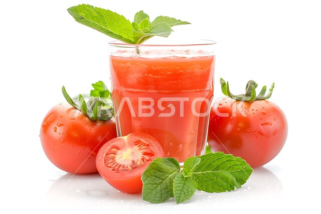 A cup of fresh tomato juice decorated with green mint leaves, cold and refreshing juices and drinks, quality Saudi agricultural crops, national local fruits and products, seasonal fruits and vegetables picked from the Kingdom’s farms