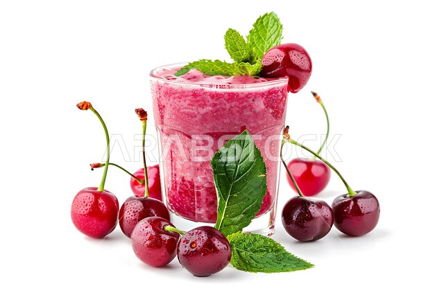  عناقيد الكرز الحمراء السكرية اللذيذة، كوكتيل بارد من الفواكه الطازجة، فاكهة الكرز الصيفية الموسمية المقطوفة من مزارع المملكة, كأس من عصير الكرز المنعش المزين بالأوراق الخضراء, منتجات محلية وطنية سعودية