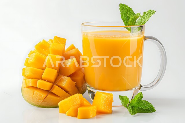  كوب من عصير المانجو الأصفر المنعش المزين بالأوراق الخضراء, منتجات محلية وطنية سعودية, مشروب بارد من الفواكه الطازجة، فاكهة الصيف الموسمية المقطوفة من مزارع المملكة, ثمارالمانجو السكرية اللذيذة