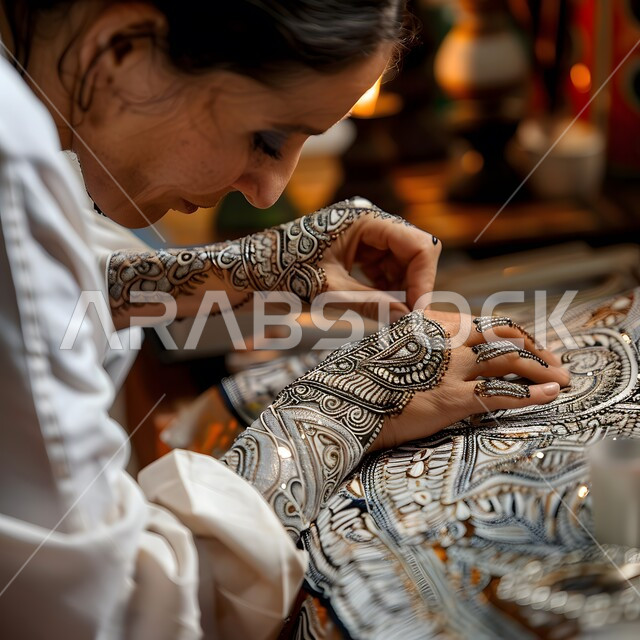  زخارف وفنون يدويه من مواد طبيعيه، التجمل والتزيين والاهتمام بالمظهر الخارجي، عادات وتقاليد في المناسبات والأفراح السعيدة، صورة مقربة لإمرأة عربية خليجية سعودية تقوم بالرسم والنقش على يدها باستخدام الحناء الحمراء، مهن تقليدية شعبية نسائية