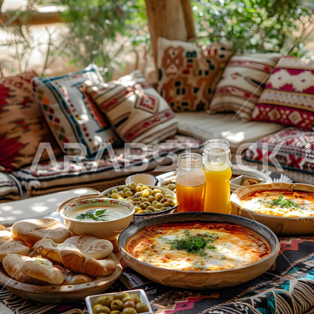فطور صباحي صحي ولذيذ في الهواء الطلق، جلسة عربية مع مفارش منقوشة بزخاف تقليدية، الحياة الشعبية البسيطة، وجبة شهية في الصباح