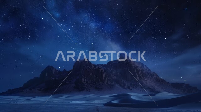 جبال ومرتفعات المملكة العربية السعودية في وضع الليل، التضاريس والبيئة الصحراوية في الصحراء العربية، الكثبان الرملية الذهبية، منظر لمجرة درب التبانة والنجوم اللامعة في سماء السعوديه, خلفية الطبيعة.