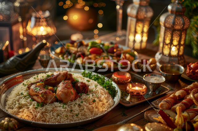 سفرة من المأكولات الشعبية التقليدية الشهية ، أصناف الأطباق والمقبلات العربية الشرقية اللذيذة ، المطاعم والمطابخ في المملكة العربية السعودية ، طاولة طعام مليئة بالوجبات المتنوعة 