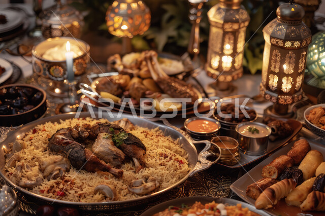 سفرة من المأكولات الشعبية التقليدية الشهية ، أصناف الأطباق والمقبلات العربية الشرقية اللذيذة ، المطاعم والمطابخ في المملكة العربية السعودية ، طاولة طعام مليئة بالوجبات المتنوعة 