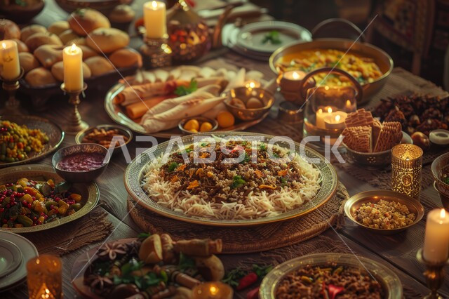  أصناف الأطباق والمقبلات العربية الشرقية اللذيذة ، المطاعم والمطابخ في المملكة العربية السعودية، طاولة طعام مليئة بالوجبات المتنوعة، سفرة من المأكولات الشعبية التقليدية الشهية 