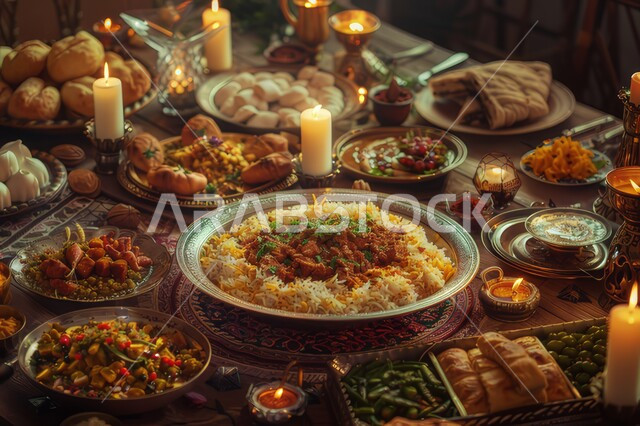  أصناف الأطباق والمقبلات العربية الشرقية اللذيذة ، المطاعم والمطابخ في المملكة العربية السعودية، طاولة طعام مليئة بالوجبات المتنوعة، سفرة من المأكولات الشعبية التقليدية الشهية 