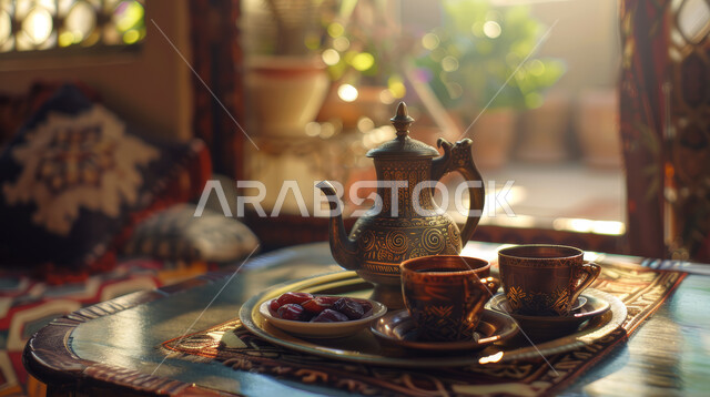 التقاليد والعادات الأصيلة المتوارثة من الأجداد, البن العربي الخليجي الفاخر, مفهوم الضيافة العربية الأصيلة, تقديم المشروبات الساخنة للزوار, حسن استقبال الضيف وإكرامه, دلة نحاسية مزينة بالآرابيسك مع عدة فناجين, القهوة العربية في الثقافة السعودية