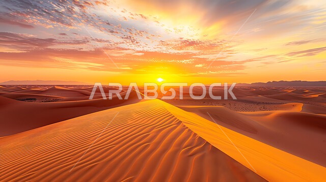 التكوينات والتشكلات الرملية في صحراء المملكة العربية السعودية، التضاريس و المرتفعات والقمم الجبلية في البراري، الهضاب و التلال من الرمال الناعمة في الربع الخالي، مناطق البادية والبيئة الطبيعية الصحراوية عند غروب الشمس، خلفية الطبيعة