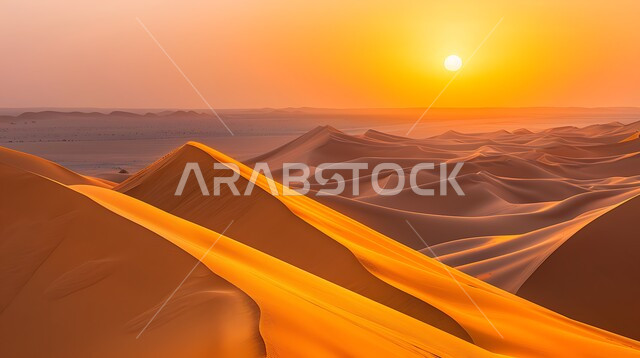 Sand formations and formations in the desert of Saudi Arabia, terrain and heights and mountain peaks in the prairies, plateaus and hills of soft sand in the Empty Quarter, desert areas and desert natural environment at sunset, nature background