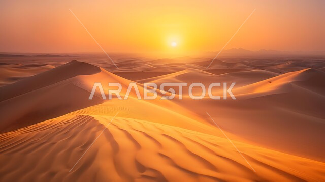 التكوينات والتشكلات الرملية في صحراء المملكة العربية السعودية، التضاريس و المرتفعات والقمم الجبلية في البراري، الهضاب و التلال من الرمال الناعمة في الربع الخالي، مناطق البادية والبيئة الطبيعية الصحراوية عند غروب الشمس، خلفية الطبيعة