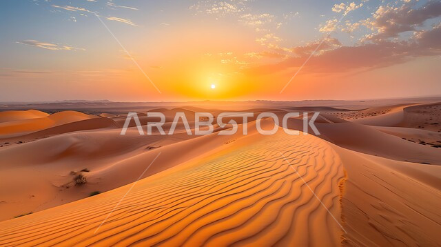 التكوينات والتشكلات الرملية في صحراء المملكة العربية السعودية، التضاريس و المرتفعات والقمم الجبلية في البراري، الهضاب و التلال من الرمال الناعمة في الربع الخالي، مناطق البادية والبيئة الطبيعية الصحراوية عند غروب الشمس، خلفية الطبيعة