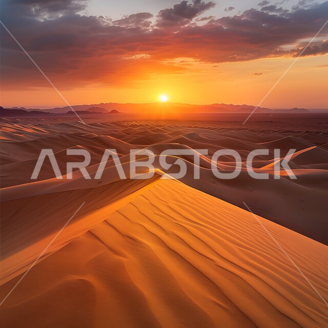 التكوينات والتشكلات الرملية في صحراء المملكة العربية السعودية، التضاريس و المرتفعات والقمم الجبلية في البراري، الهضاب و التلال من الرمال الناعمة في الربع الخالي، مناطق البادية والبيئة الطبيعية الصحراوية عند غروب الشمس، خلفية الطبيعة