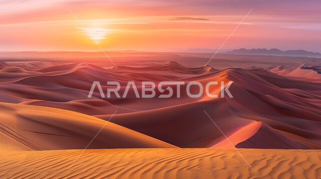 التكوينات والتشكلات الرملية في صحراء المملكة العربية السعودية، التضاريس و المرتفعات والقمم الجبلية في البراري، الهضاب و التلال من الرمال الناعمة في الربع الخالي، مناطق البادية والبيئة الطبيعية الصحراوية عند غروب الشمس، خلفية الطبيعة