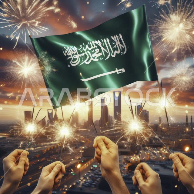 الاحتفال بالاعياد والمناسبات الوطنية، مفهوم حب الوطن والانتماء اليه، التطور والنمو العمراني في السعودية, يوم العلم 11مارس, ذكرى اليوم الوطني السعودي 23 سبتمبر, صورة مقربة ليد رجل عربي خليجي سعودي يقوم برفع علم المملكة العربية السعودية
