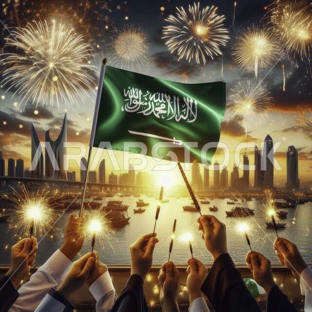 الاحتفال بالاعياد والمناسبات الوطنية، مفهوم حب الوطن والانتماء اليه، التطور والنمو العمراني في السعودية, يوم العلم 11مارس, ذكرى اليوم الوطني السعودي 23 سبتمبر, صورة مقربة ليد رجل عربي خليجي سعودي يقوم برفع علم المملكة العربية السعودية