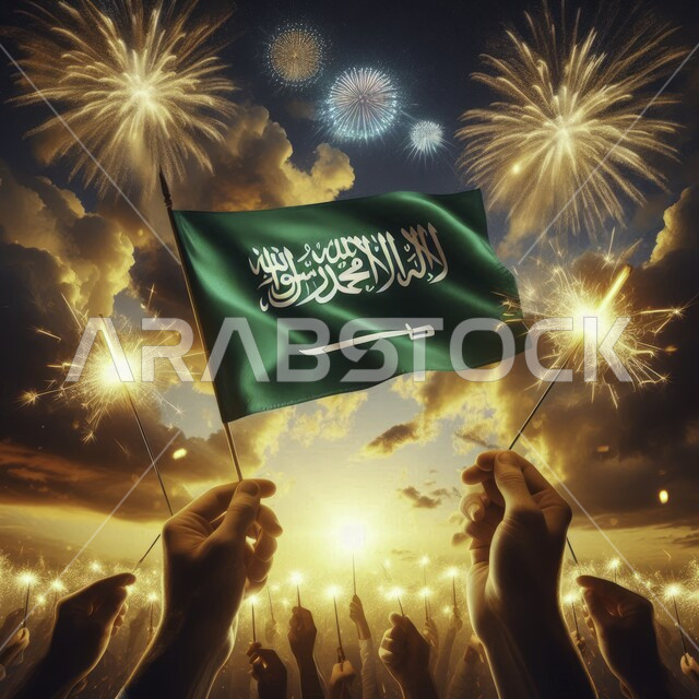 ذكرى اليوم الوطني السعودي 23 سبتمبر, الاحتفال بالاعياد والمناسبات الوطنية، مفهوم حب الوطن والانتماء اليه، التطور والنمو العمراني في السعودية, يوم العلم 11مارس, صورة مقربة ليد رجل عربي خليجي سعودي يقوم برفع علم المملكة العربية السعودية