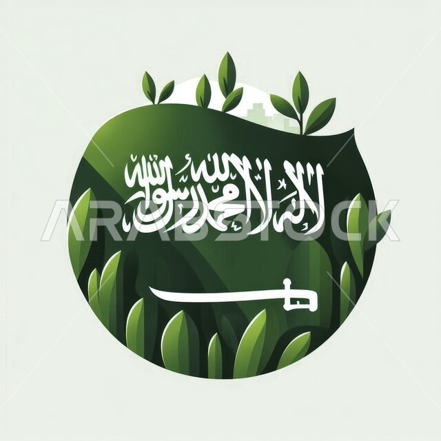 علم المملكة العربية السعودية المحاط بأوراق الاشجار، حب الوطن والانتماء إليه، الاحتفال بذكرى العيد الوطني ٢٣ سبتمبر، احياء ذكرى يوم العلم ١١ مارس، راية التوحيد وسيف القوة، المناسبات و الأعياد الوطنية، خلفية بيضاء
