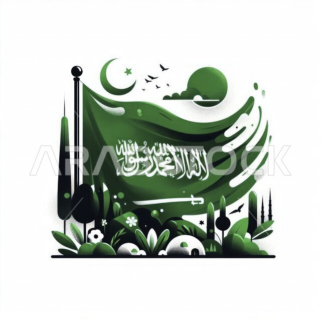 علم المملكة العربية السعودية المحاط بأوراق الاشجار، حب الوطن والانتماء إليه، الاحتفال بذكرى العيد الوطني ٢٣ سبتمبر، احياء ذكرى يوم العلم ١١ مارس، راية التوحيد وسيف القوة، المناسبات و الأعياد الوطنية، خلفية بيضاء
