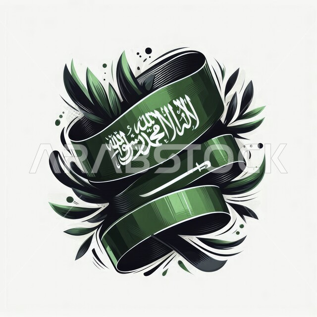 احياء ذكرى يوم العلم ١١ مارس، علم المملكة العربية السعودية المحاط بأوراق الاشجار، حب الوطن والانتماء إليه، الاحتفال بذكرى العيد الوطني ٢٣ سبتمبر، راية التوحيد وسيف القوة، المناسبات و الأعياد الوطنية، خلفية رمادية