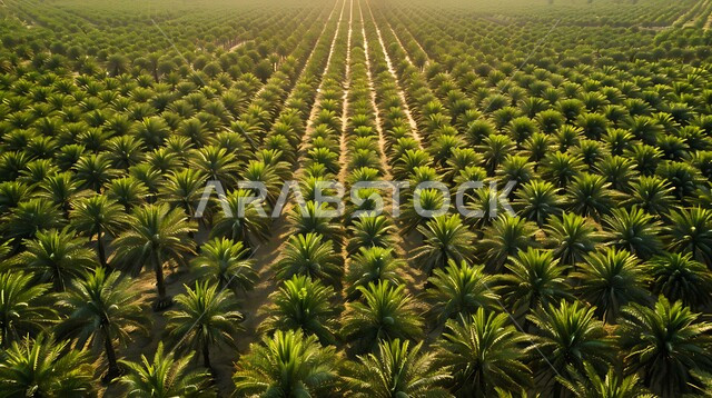 Fertile Saudi soil, green fields and lands during the day, palm harvest season within agricultural natural reserves, date production farms and lands in the Kingdom of Saudi Arabia