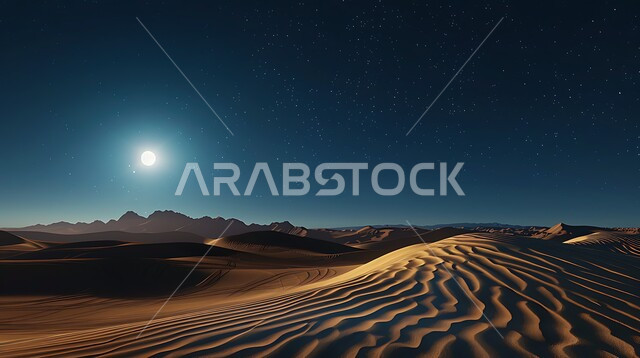 مفهوم التأمل والاسترخاء و الهدوء، مناطق البادية والبيئة الصحراوية في المملكة العربية السعودية, الهضاب و التلال الرملية المرتفعة في وسط الصحراء, منظر السماء المليئة بالنجوم اللامعة المتلألأة مع القمر هلالا, الاستمتاع بالمناظر الطبيعيه
