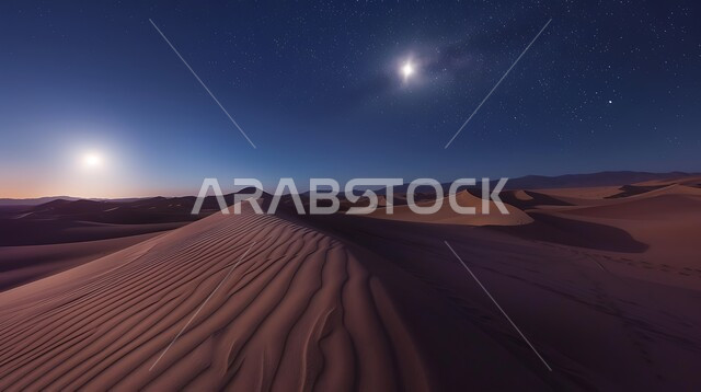 مناطق البادية والبيئة الصحراوية في المملكة العربية السعودية, الهضاب و التلال الرملية المرتفعة في وسط الصحراء, منظر السماء المليئة بالنجوم اللامعة المتلألأة مع القمر هلالا, الاستمتاع بالمناظر الطبيعيه ,مفهوم التأمل والاسترخاء و الهدوء