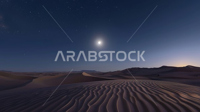 مناطق البادية والبيئة الصحراوية في المملكة العربية السعودية, الهضاب و التلال الرملية المرتفعة في وسط الصحراء, منظر السماء المليئة بالنجوم اللامعة المتلألأة مع القمر هلالا, الاستمتاع بالمناظر الطبيعيه ,مفهوم التأمل والاسترخاء و الهدوء
