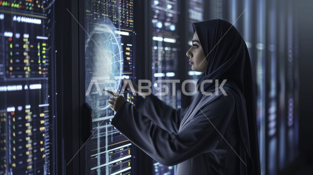 Use of modern technical devices, scientific and technological development in Saudi Arabia, future vision 2030, a Saudi Gulf Arab girl wearing an abaya and hijab trying to touch an electronic screen
