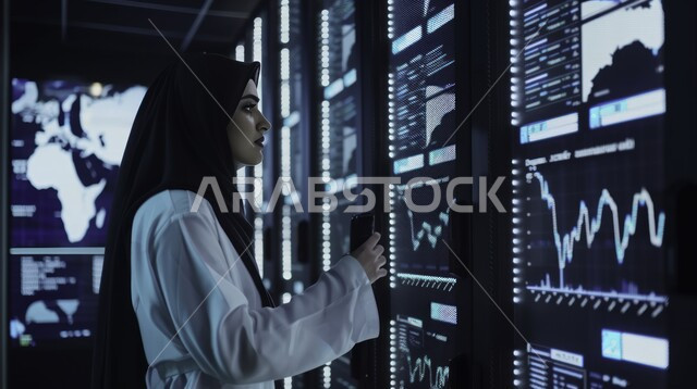 رؤية مستقبلية 2030، التطور العلمي والتكنولوجي في السعودية، استخدام الأجهزة التقنية الحديثة، فتاة عربية خليجية سعودية محجبة تقوم بمحاولة لمس شاشة الكترونية