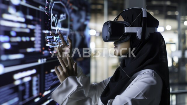 التطور العلمي والتكنولوجي في السعودية، استخدام الأجهزة التقنية الحديثة، رؤية مستقبلية 2030، فتاة عربية خليجية سعودية محجبة تضع نظارة الواقع الافتراضي تقوم بمحاولة لمس شاشة الكترونية