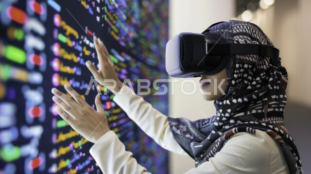 Future Vision 2030, Scientific and Technological Development in Saudi Arabia, Use of Modern Technical Devices, A Veiled Saudi Arabian Gulf Girl Wearing Virtual Reality Glasses Trying to Touch an Electronic Screen