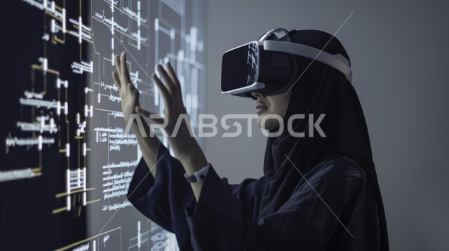 التطور العلمي والتكنولوجي في السعودية، استخدام الأجهزة التقنية الحديثة، رؤية مستقبلية 2030، فتاة عربية خليجية سعودية محجبة تضع نظارة الواقع الافتراضي تقوم بمحاولة لمس شاشة الكترونية