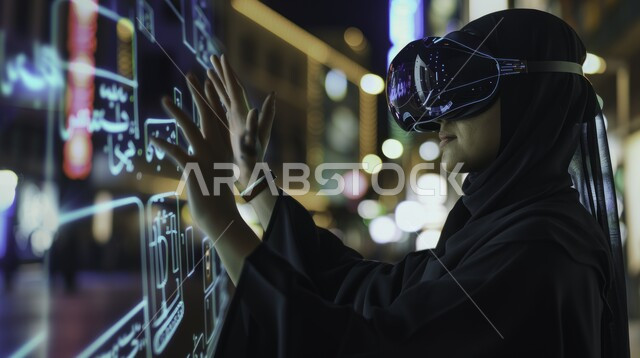 Use of modern technical devices, scientific and technological development in Saudi Arabia, future vision 2030, a Saudi Arabian Gulf girl wearing an abaya and hijab, wearing virtual reality glasses, trying to touch an electronic screen