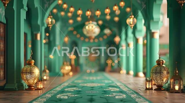  ديكور داخلي باللون الأخضر مع زينة وفوانيس ذهبية، الاحتفال بذكرى اليوم الوطني السعودي 23 سبتمبر، يوم العلم 11 مارس، حب الوطن والانتماء اليه، الفخر والاعتزاز بإنجازات البلاد، لون شعار المملكة العربية السعودية