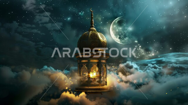 فوانيس وزينة شهر رمضان المبارك، مصباح معدني تقليدي مضيء على بين الغيوم، الاحتفال بالشهر الفضيل، أجواء رمضانية روحانية، خلفيه دينية إسلامية، منظر الهلال في السماء