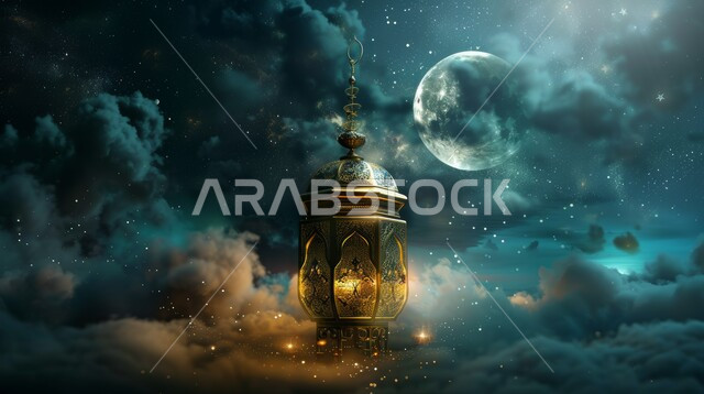 فوانيس وزينة شهر رمضان المبارك، مصباح معدني تقليدي مضيء على بين الغيوم، الاحتفال بالشهر الفضيل، أجواء رمضانية روحانية، خلفيه دينية إسلامية، منظر القمر المكتمل في السماء
