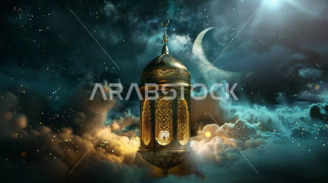 فوانيس وزينة شهر رمضان المبارك، مصباح معدني تقليدي مضيء على بين الغيوم، الاحتفال بالشهر الفضيل، أجواء رمضانية روحانية، خلفيه دينية إسلامية، منظر الهلال في السماء