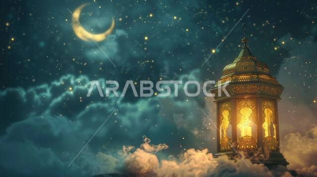 فوانيس وزينة شهر رمضان المبارك، مصباح معدني تقليدي مضيء على بين الغيوم، الاحتفال بالشهر الفضيل، أجواء رمضانية روحانية، خلفيه دينية إسلامية، منظر الهلال في السماء