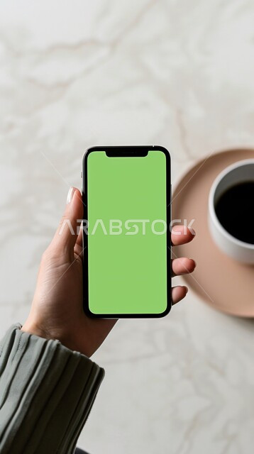 فنجان من القهوة الساخنة ونباتات الزينة الطبيعية، متابعة البرامج المفضلة, استعمال التكنولوجيا الحديثة في انجاز المهام عن بعد، عرض شاشة خضراء فارغة على الأجهزة التقنية، صورة مقربة ليد امرأة عربية خليجية سعودية تحمل الهاتف المحمول، كروما
