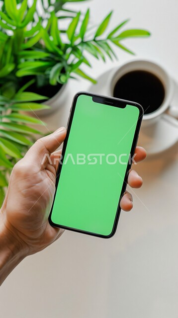 A cup of hot coffee and natural ornamental plants, watching favorite programs, using modern technology to complete tasks remotely, displaying a blank green screen on technical devices, a close-up of the hand of a Saudi Gulf Arab woman holding a mobile phone, chroma