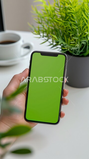نباتات الزينة الطبيعية وكوب من القهوة الساخنة، متابعة البرامج المفضلة, استعمال التكنولوجيا الحديثة في انجاز المهام عن بعد، عرض شاشة خضراء فارغة على الأجهزة التقنية، صورة مقربة ليد امرأة عربية خليجية سعودية تحمل الهاتف المحمول، كروما
