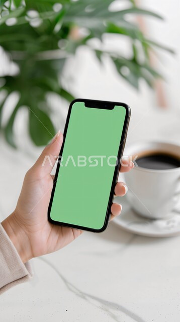 Following favorite programs, using modern technology to complete tasks remotely, displaying a blank green screen on technical devices, a close-up photo of the hand of a Saudi Gulf Arab woman holding a mobile phone, natural ornamental plants and a cup of hot coffee, chroma