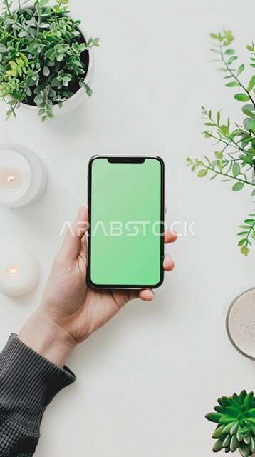 Using modern technology to complete tasks remotely, displaying a blank green screen on technical devices, a close-up photo of the hand of a Saudi Arabian Gulf woman holding a mobile phone, watching favorite programs, natural ornamental plants and a cup of hot coffee, chroma