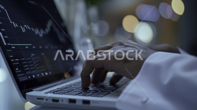 وظائف إدارية في المملكة العربية السعودية، استخدام الأجهزة التقنية الحديثة في الادارة المالية، تصوير مقرب لأيدي رجل عربي خليجي سعودي يرتدي الزي التقليدي يقوم بالعمل على الحاسوب المحمول